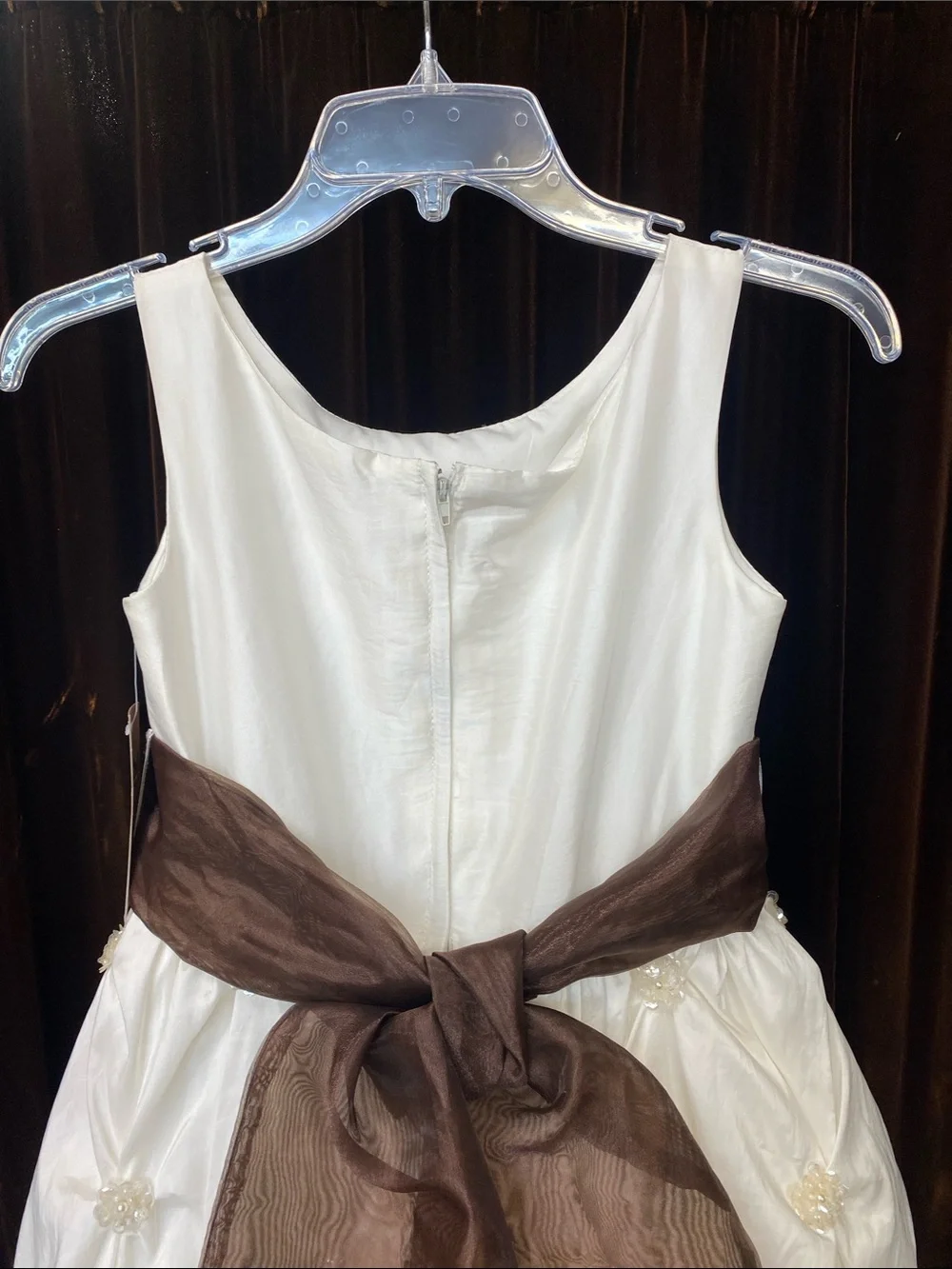 Girls Ivory Taffeta Formal Dress with Brown Sash
